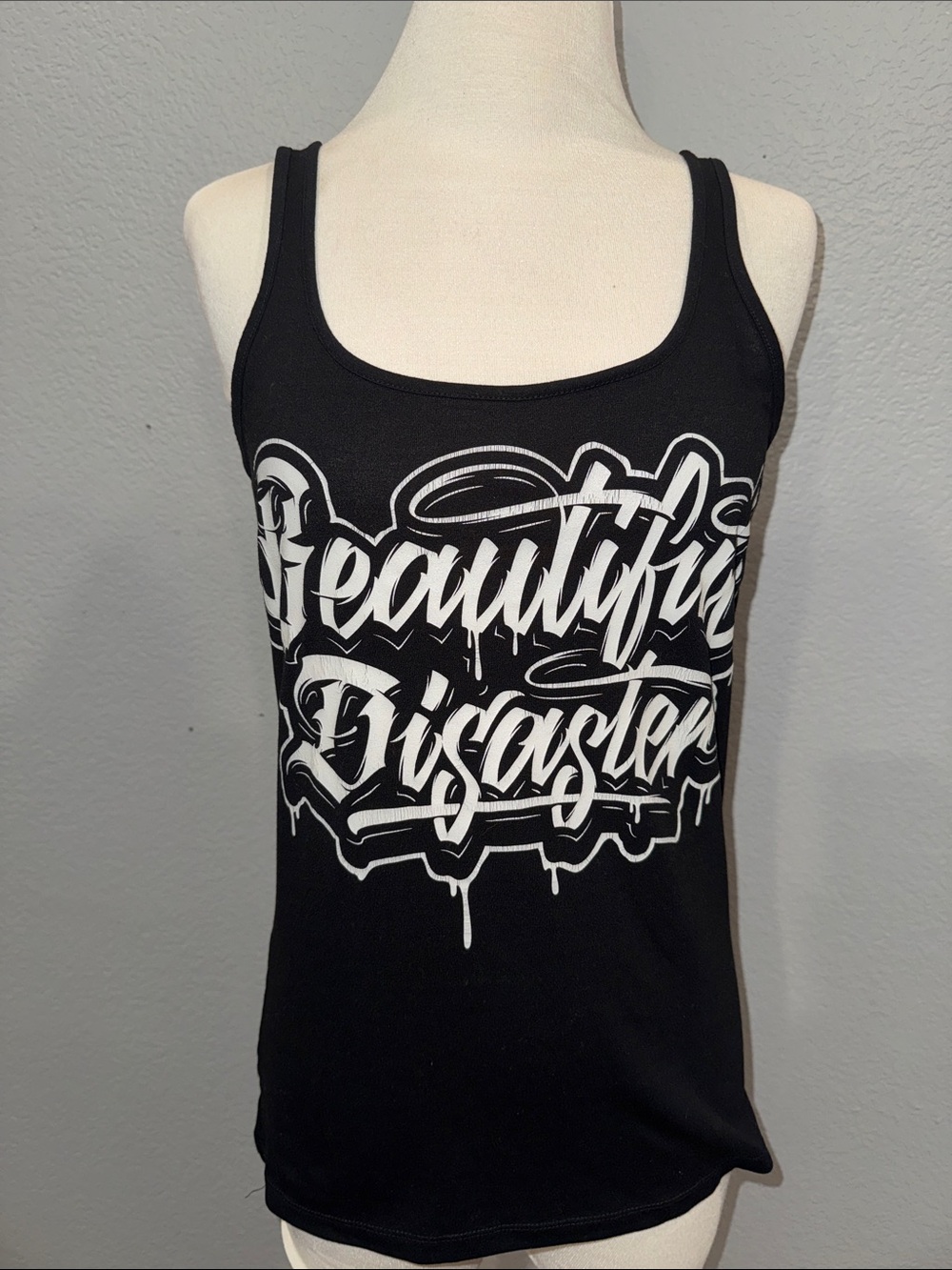 Black Graphic Scoop Neck Tank Top with White 'Beautiful Disaster' Print